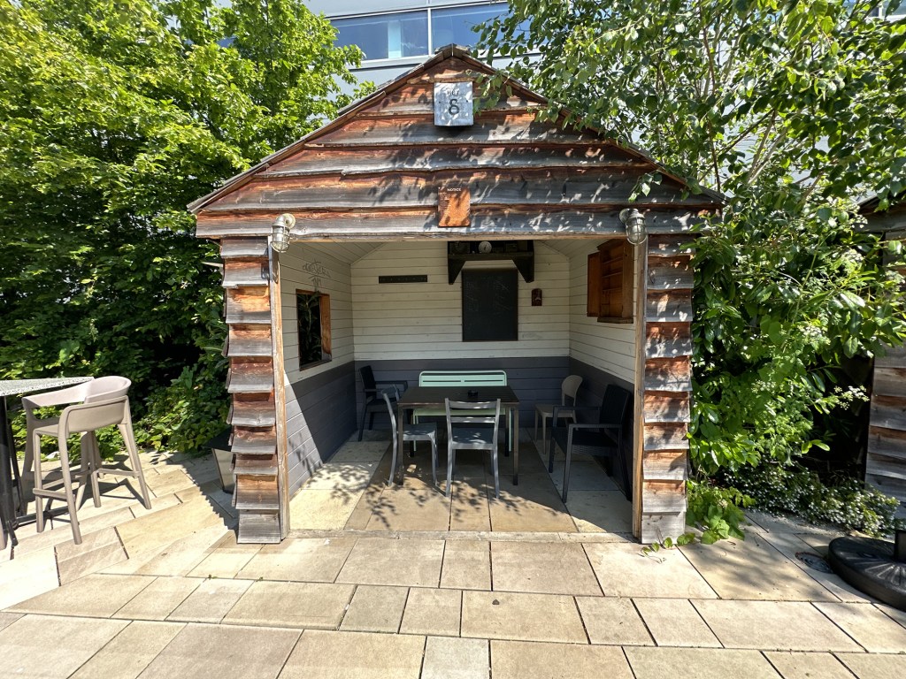 A hut in the beer garden of Captain Ridley's Shooting Party in Bletchley, Milton Keynes.