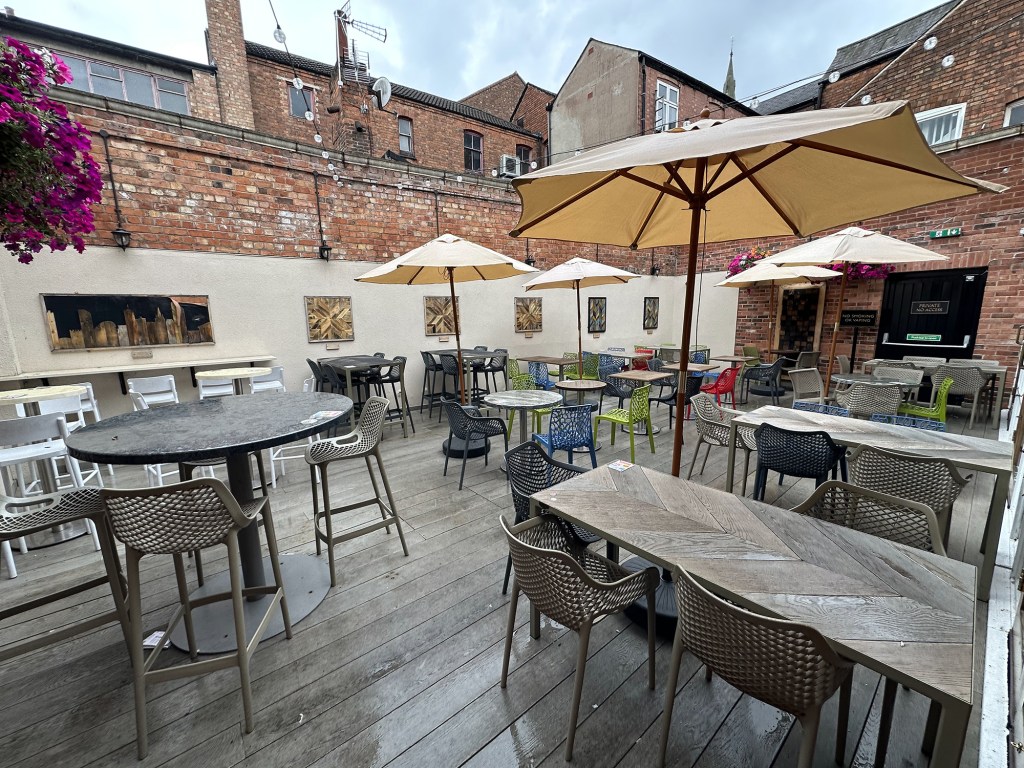 The beer garden at The High Cross in Leicester.